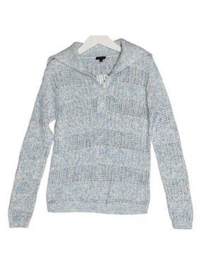 Talbots Sweater Size XS Blue White Crochet Knit V Neck Collar Classic Coastal